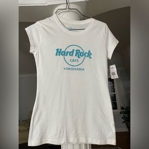 Hard Rock Cafe women’s t-Shirt, Yokohama Size medium. White with blue logo.